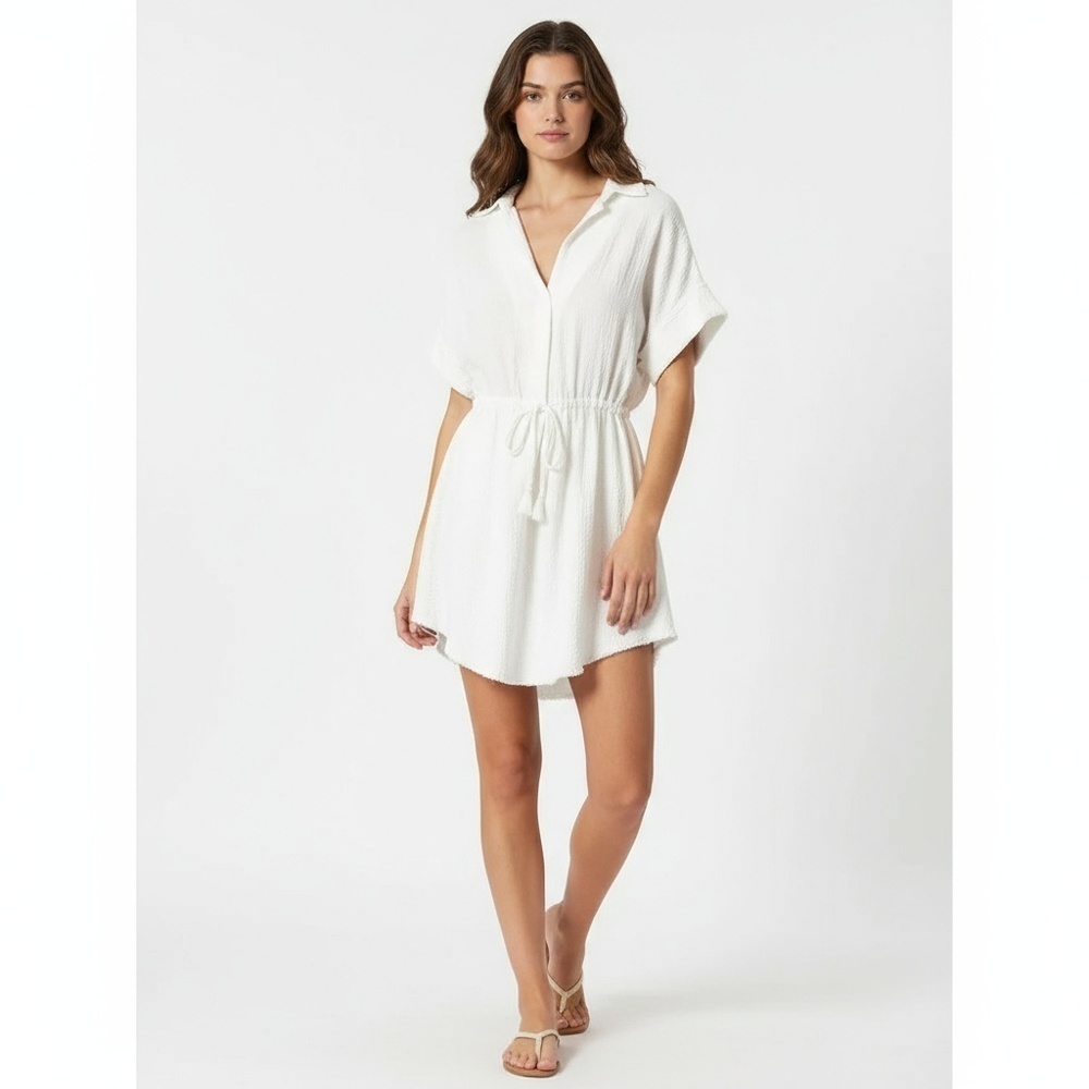 Aakaa Dress Womens Small White Tie Waist Pullover Frayed Hem Casual Boho